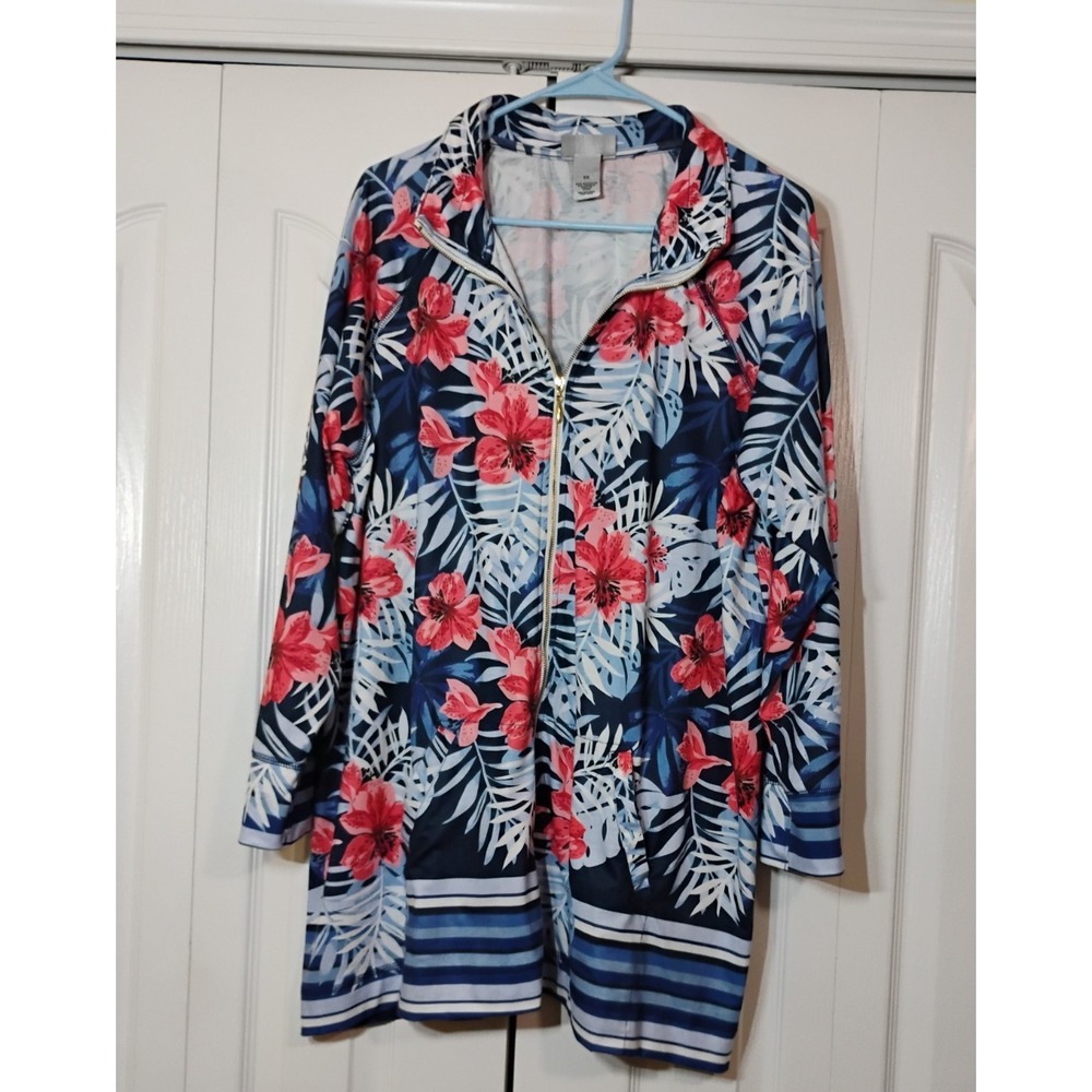 Catherines Floral Tropical Swim Cover Up Zip Front Long Sleeve Blue Red 0X
